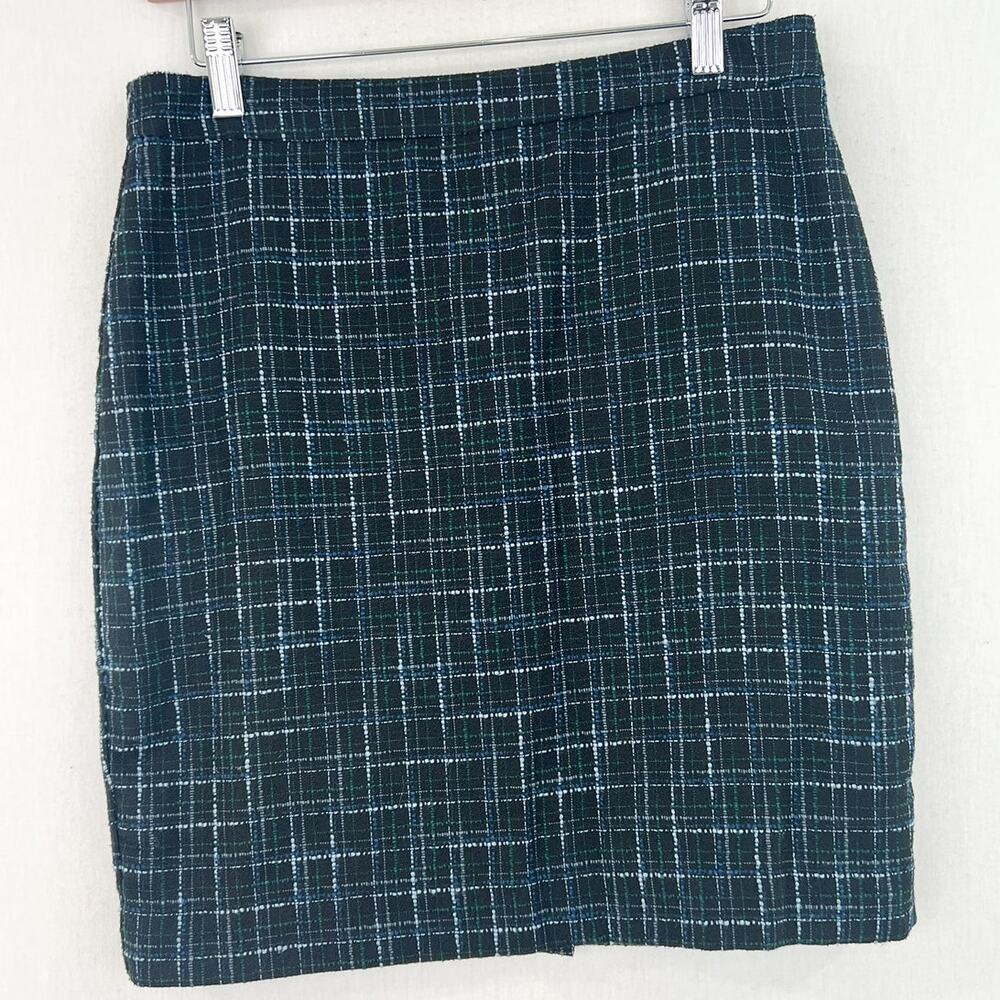 LOFT Plaid Mini Skirt size 4 Petite Academia Preppy Schoolgirl Black Blue Green